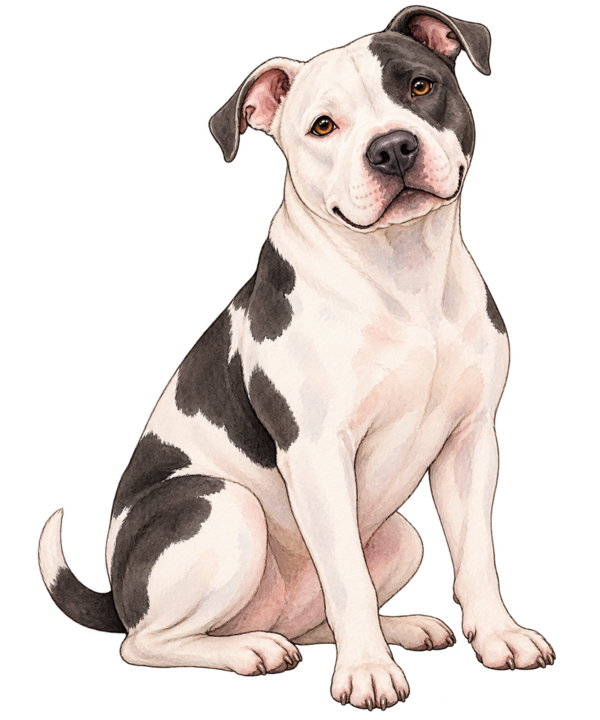 Ilustración en acuarela de un perro blanco con manchas negras